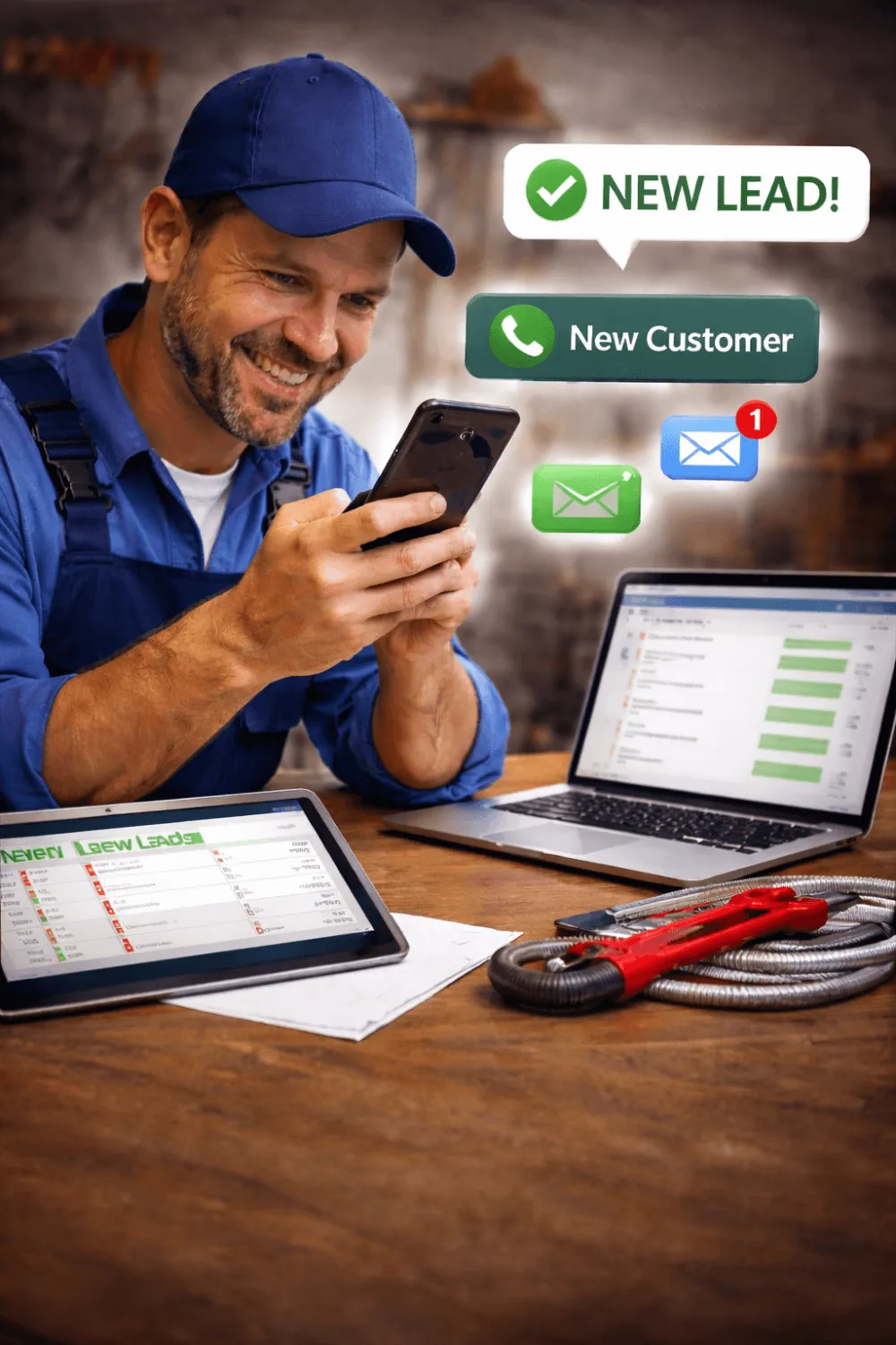 Plumber receiving NEW LEAD notifications on phone
